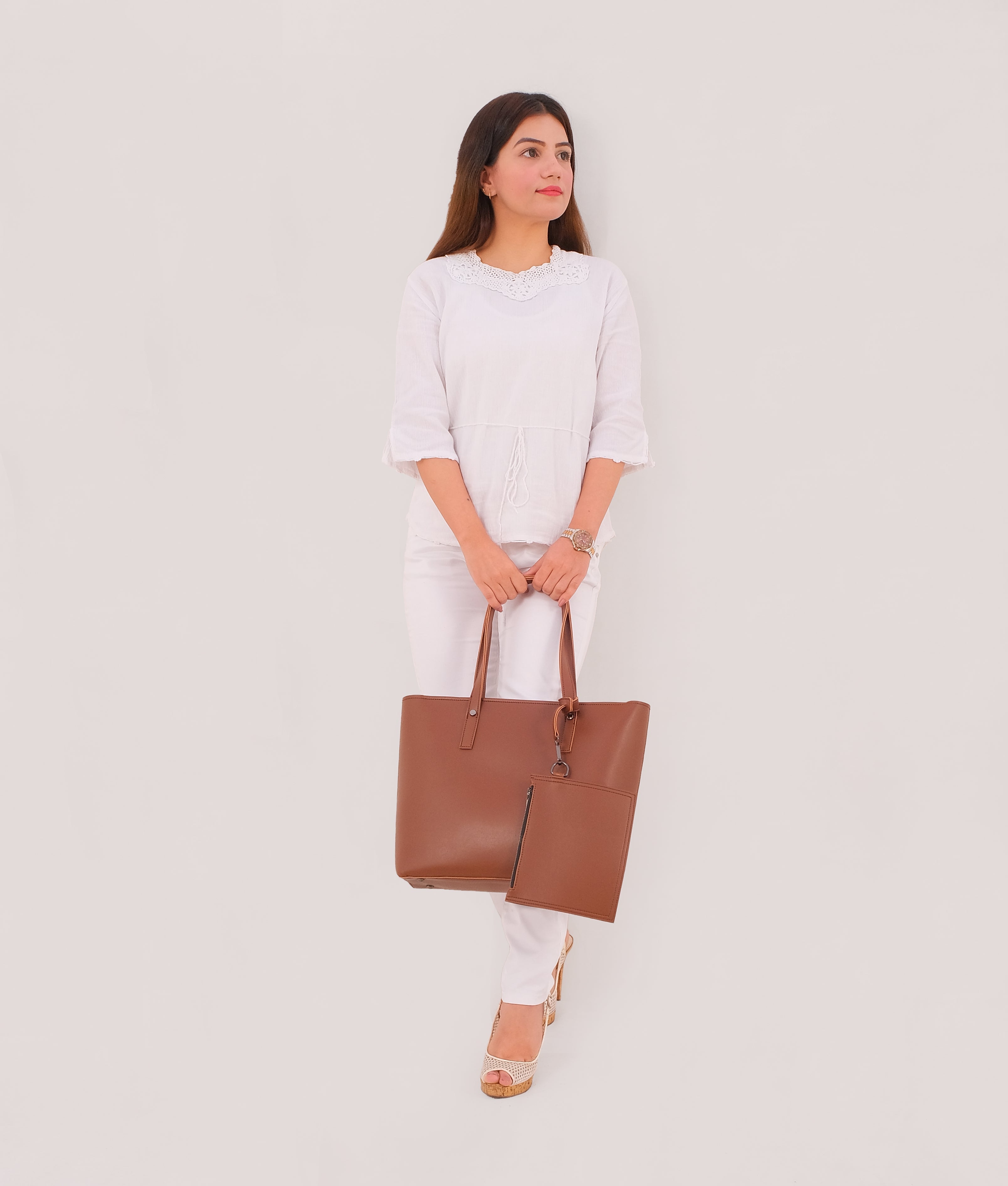 RTW Creation - Brown tote bag with detachable pouch