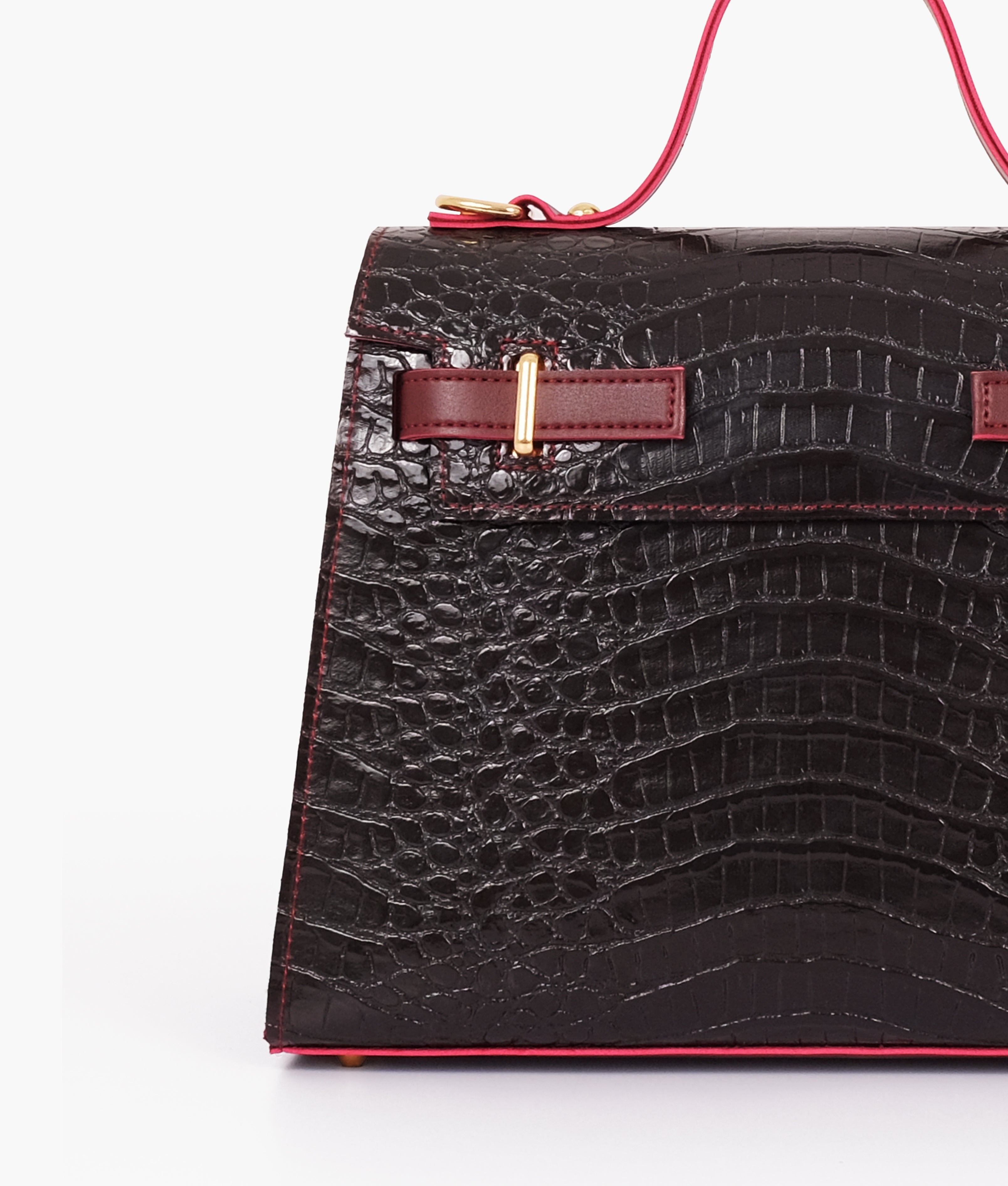 RTW Creation - Burgundy and black crocodile cross-body bag with top-handle