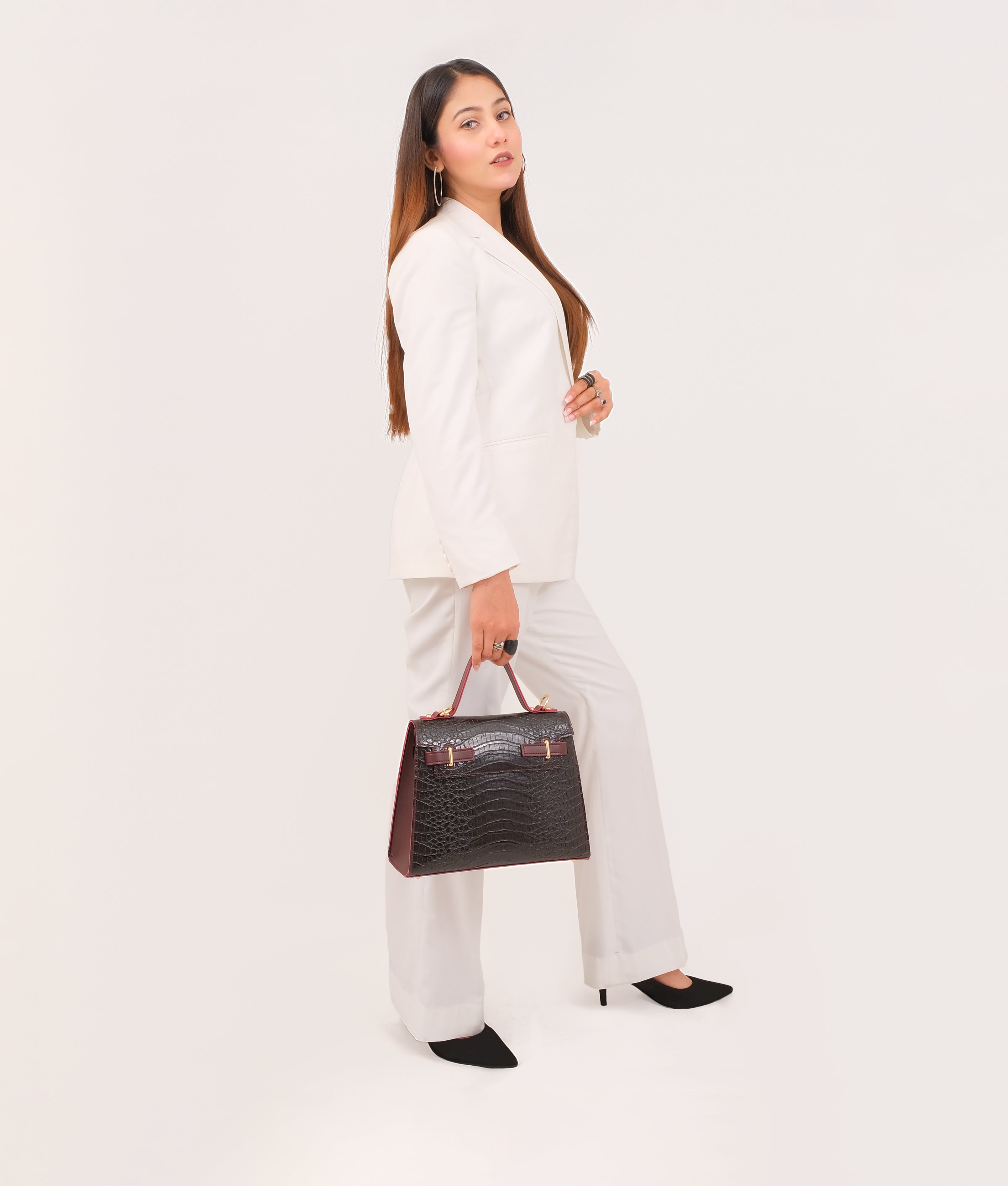 RTW Creation - Burgundy and black crocodile cross-body bag with top-handle