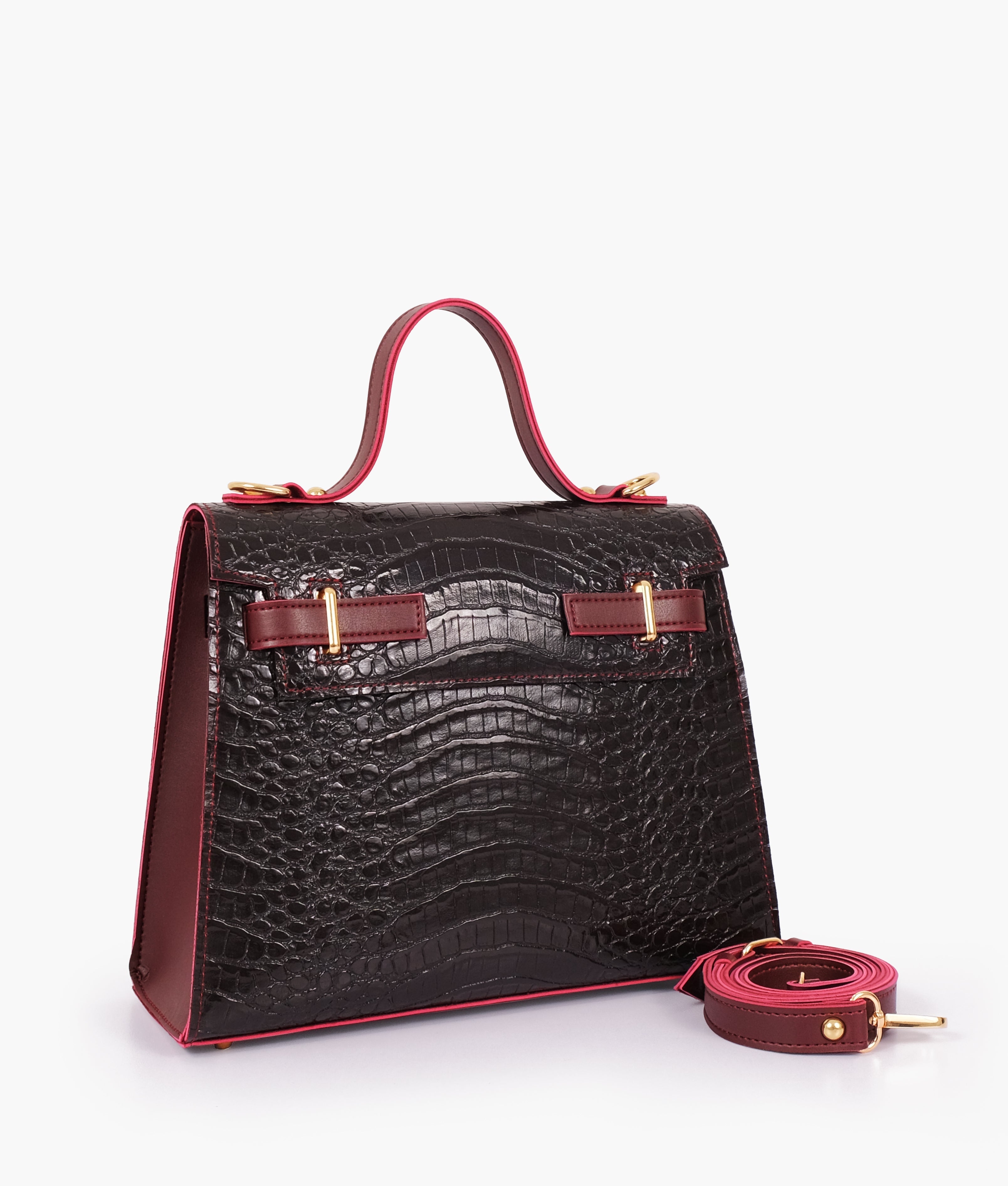 RTW Creation - Burgundy and black crocodile cross-body bag with top-handle