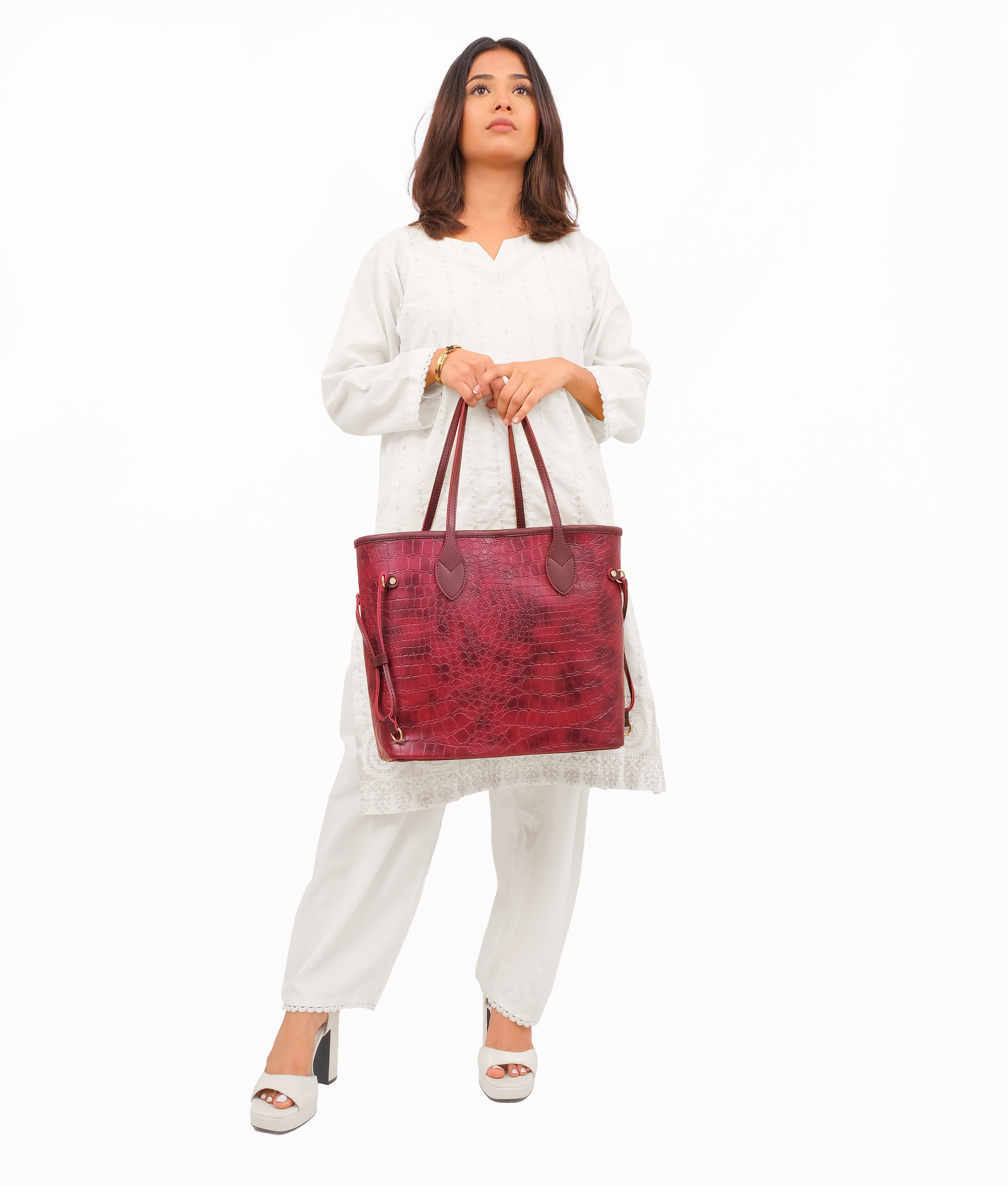 RTW Creation - Burgundy crocodile neverfull tote bag