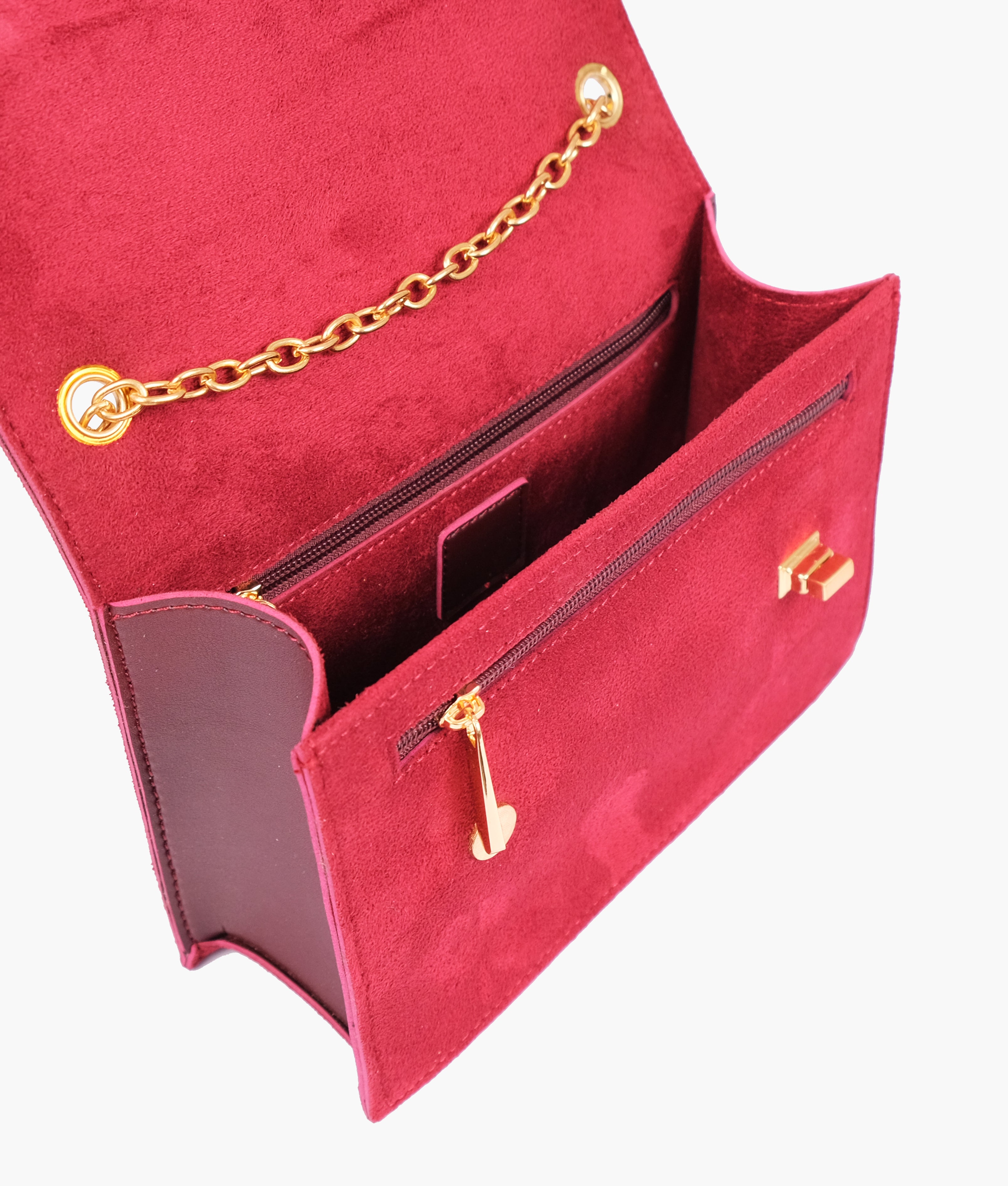 RTW Creation - Burgundy suede chain shoulder bag with twist lock