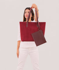 RTW Creation - Burgundy suede tote bag with detachable pouch