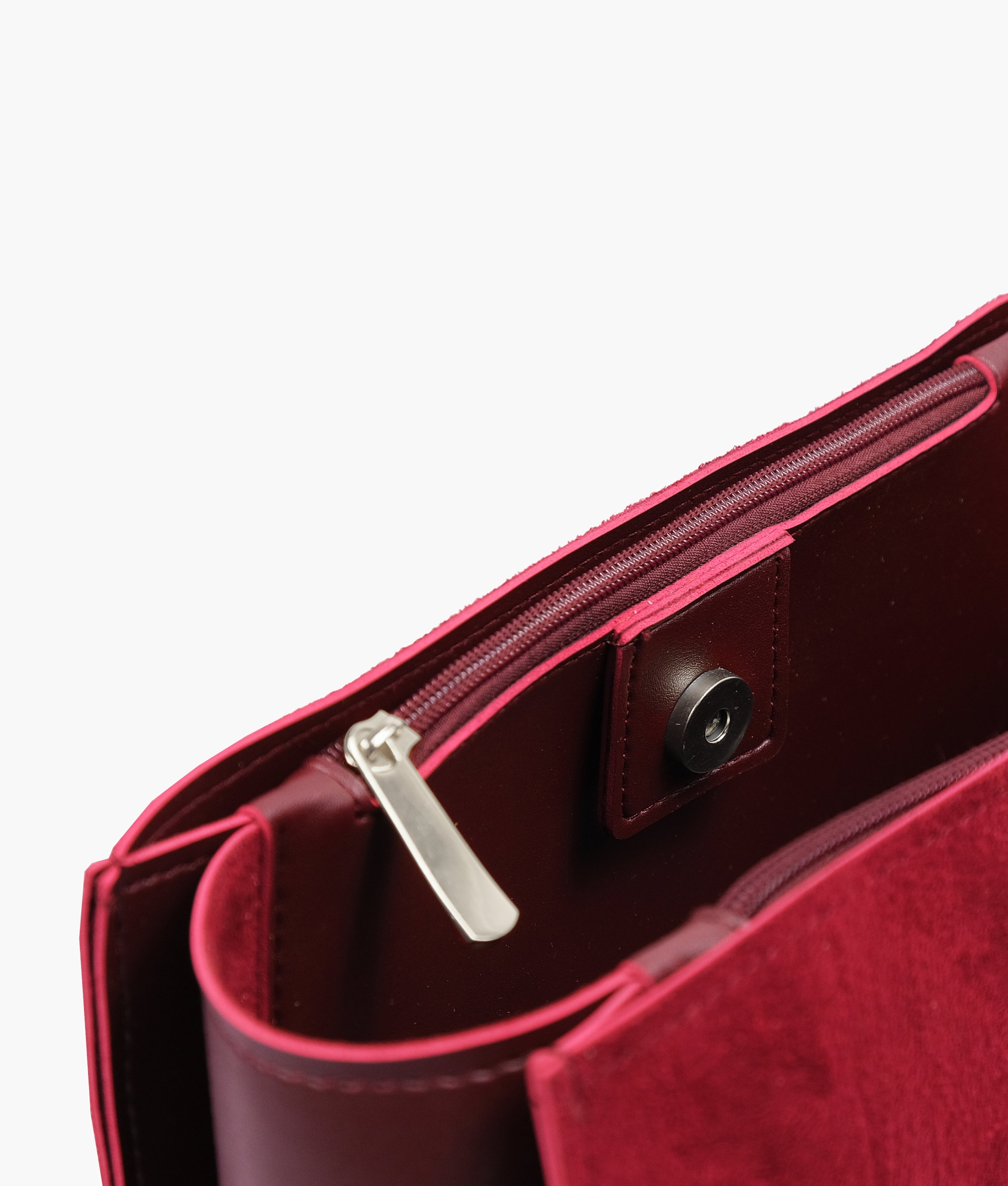 RTW Creation - Burgundy suede zipper shoulder bag with long handle
