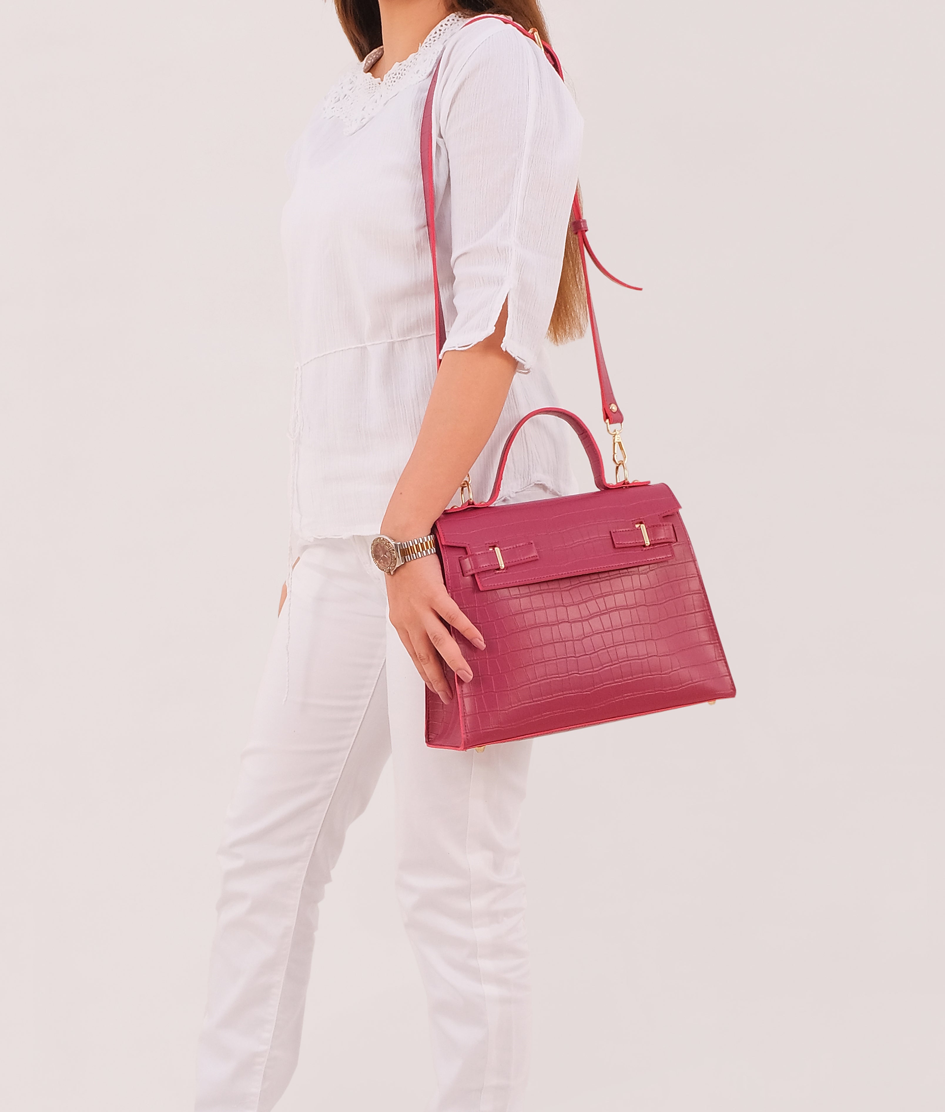 RTW Creation - Burgundy top-handle crocodile mini bag