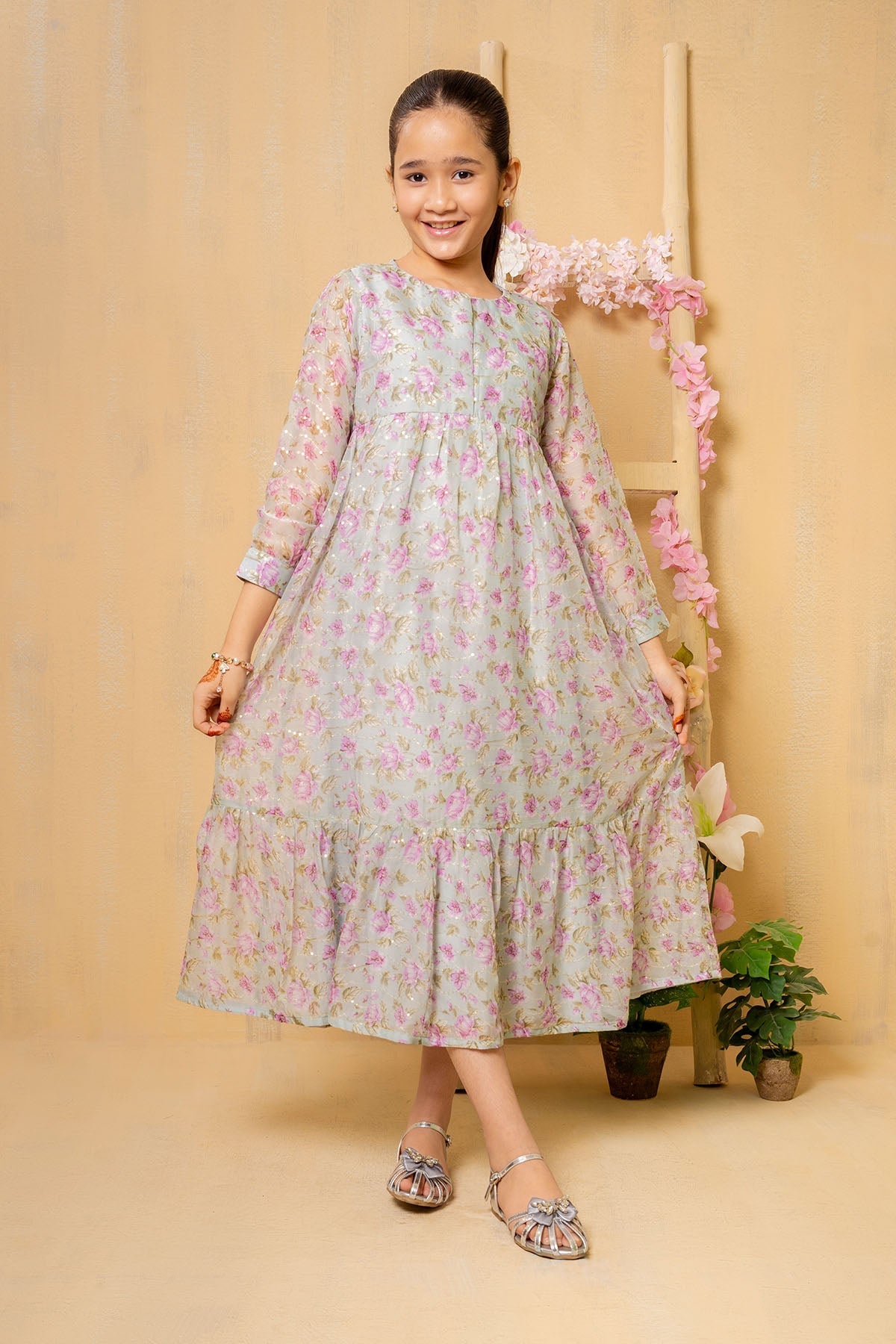 Charming Floral Georgette Maxi Dress for Girls â?? Elegant Printed Party Wear with Soft Fabric & Flowy Design. 