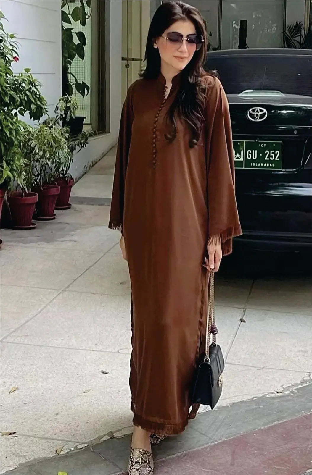 Manahils Stitched Brown Button Set+Fringes