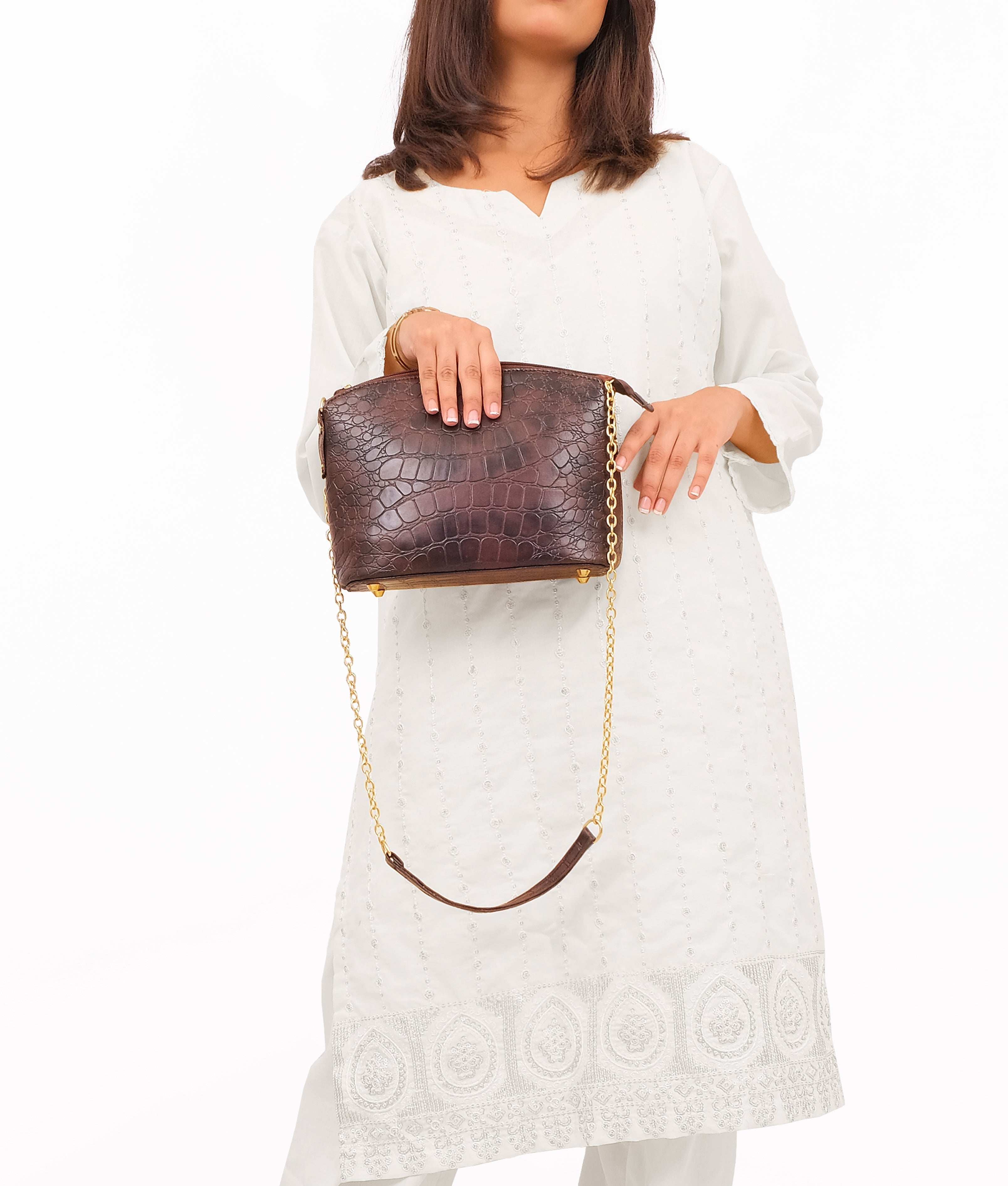 RTW Creation - Dark brown crocodile with chain strap cross-body bag
