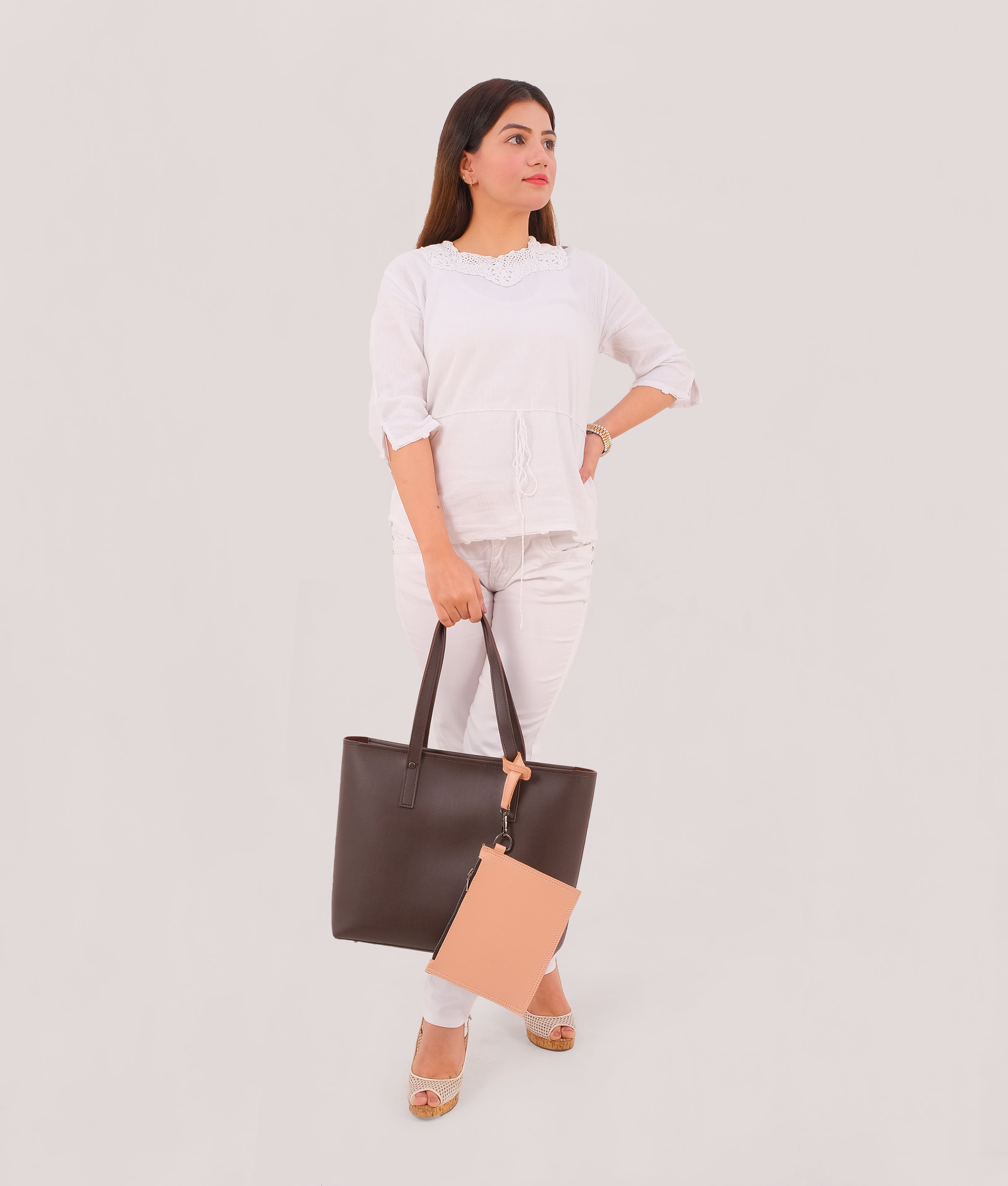 RTW Creation - Dark brown tote bag with detachable pouch