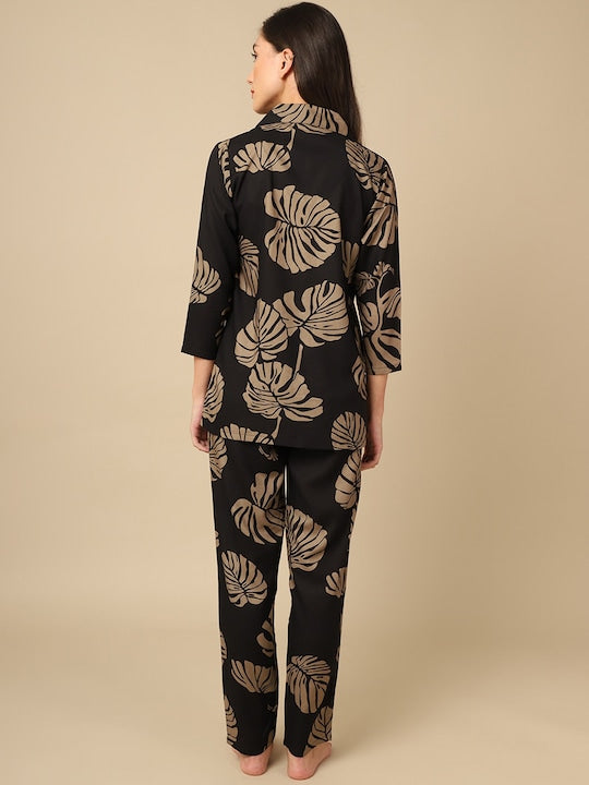 Studio By Arj Layla Amal Trendy Essentials Poly Viscose black & Brown Printed Night Suit ARJ-PJ-01-BK-LEAF
