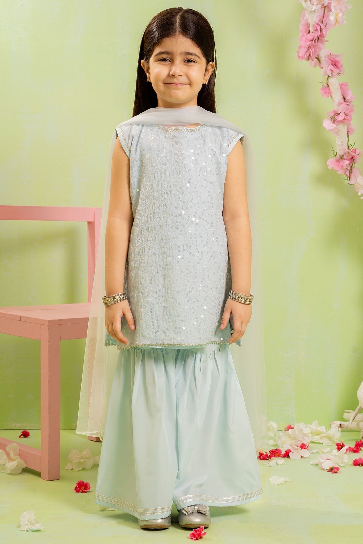 Shop Sequence Embroidered Net 3 Pc Suit in stunning Ice Blueâ??elegant, stylish, and comfortable dress for girls.