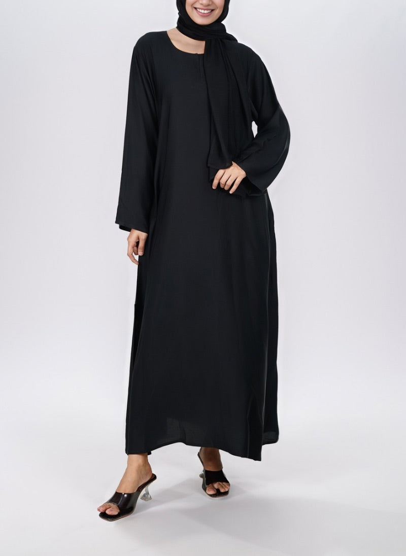 Hijab Ul Hareem Black Wool Peach Plain Round Neck Front Close Abaya - 0120-P