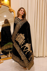 Panache Apparel Stitched Velvet Shawl Collection-Black Foil Shawl Camel