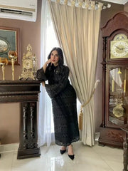 Manahils Stitched Metallic Black Crochet Net