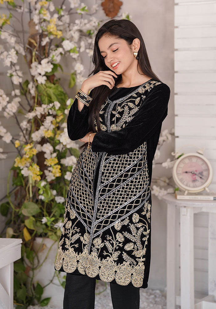 Velvet Embroidered 2 Pc Suit - Wear Ochre