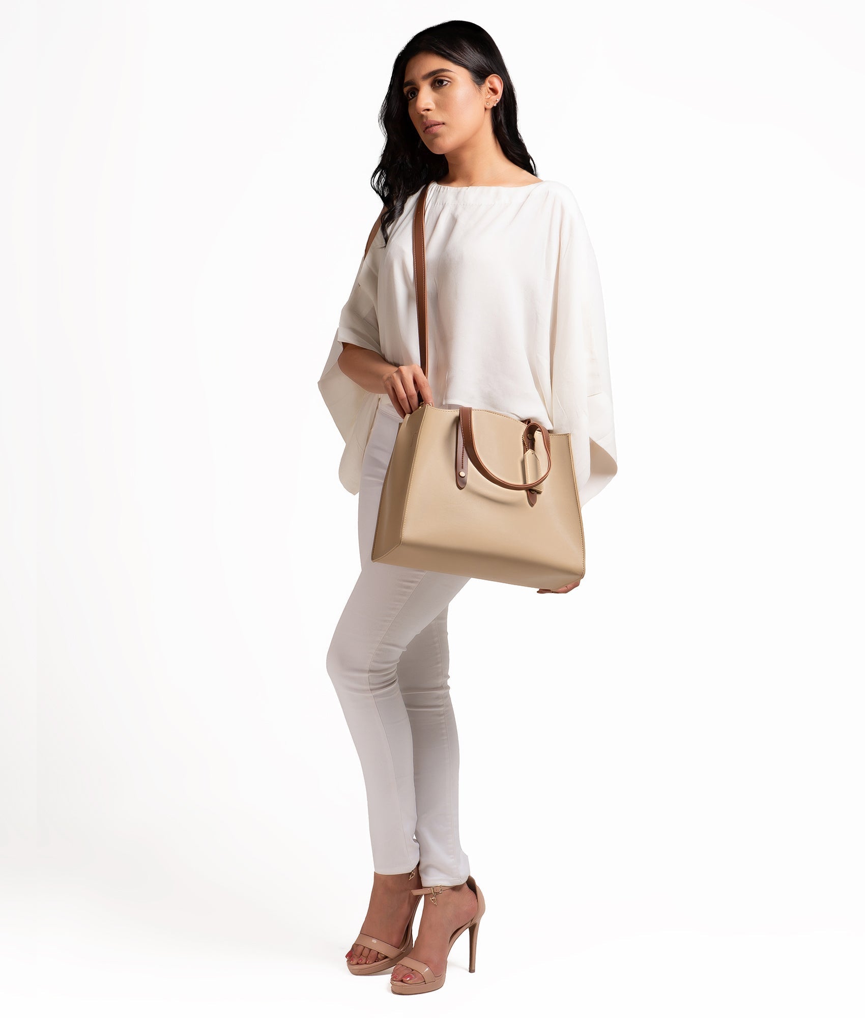 RTW Creation - Off-white with brown multi compartment satchel bag