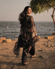 Ayla Studio Stitched Embroidered chiffon  3PC - Black Garden