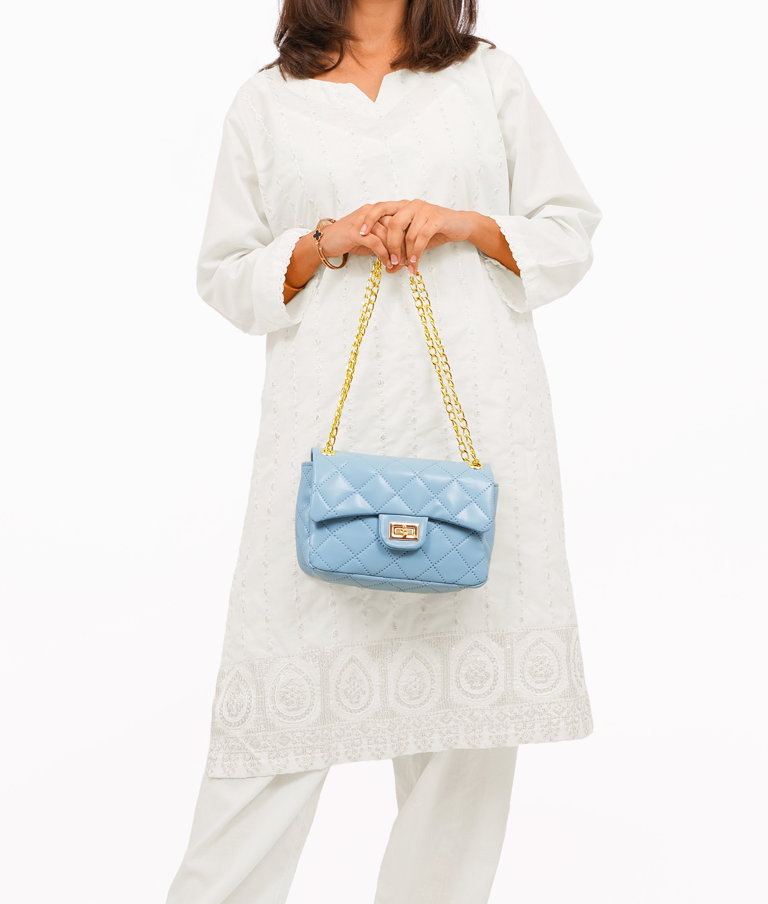 RTW Creation - Sky Blue quilted mini bag with chain